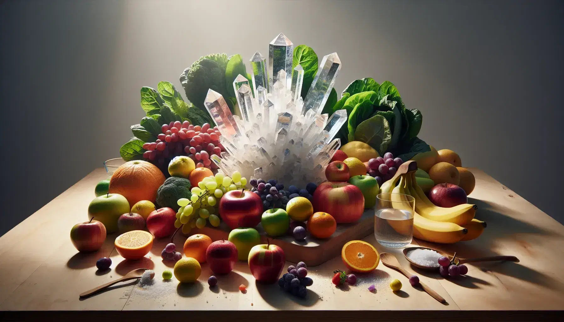 Variedad de frutas y verduras frescas con un cristal de sal en el centro, sobre una superficie de madera iluminada naturalmente, junto a un vaso de agua a la mitad.