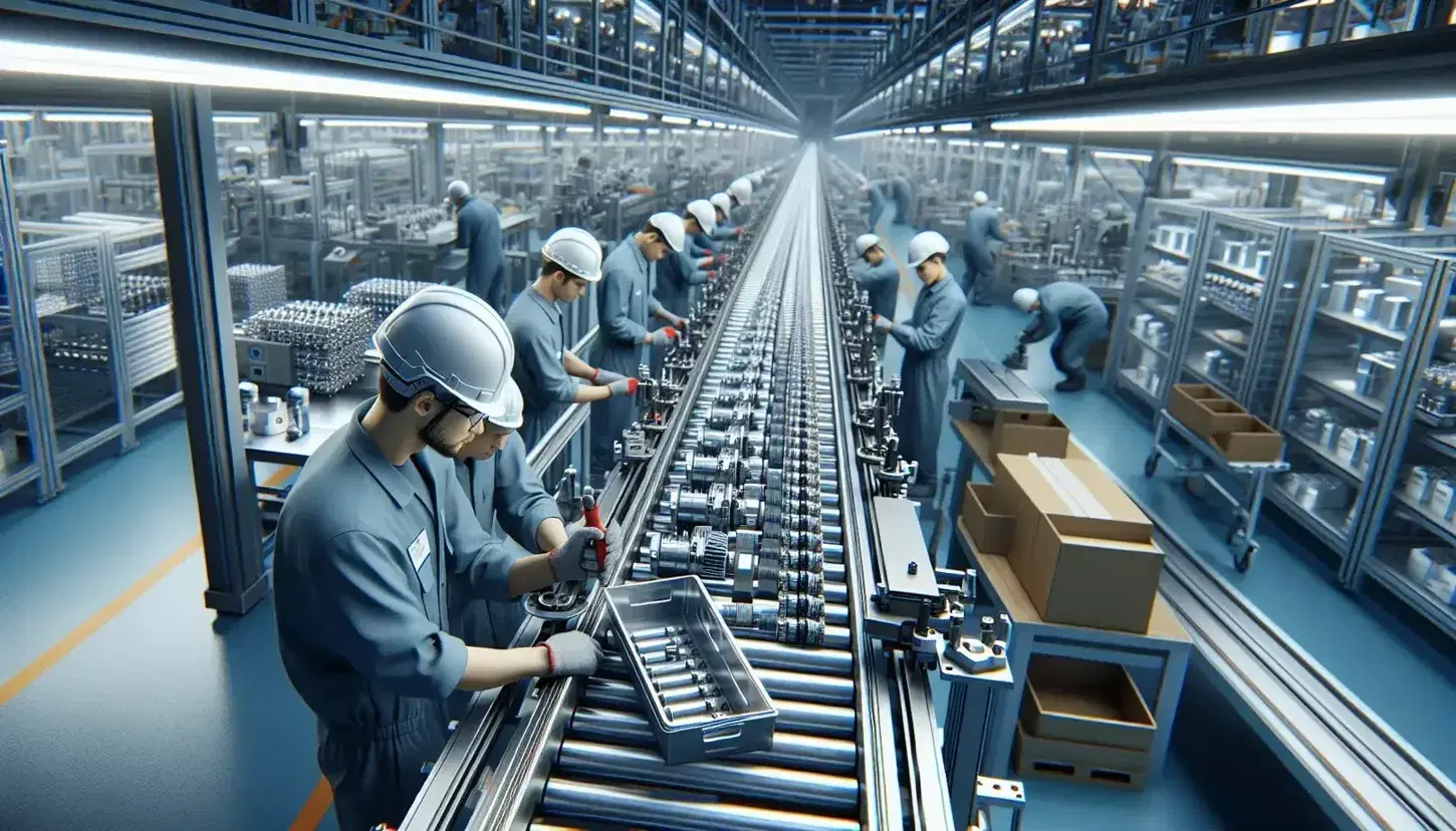 Línea de ensamblaje en fábrica moderna con trabajadores en uniformes azules y cascos ajustando piezas de maquinaria sobre cinta transportadora.