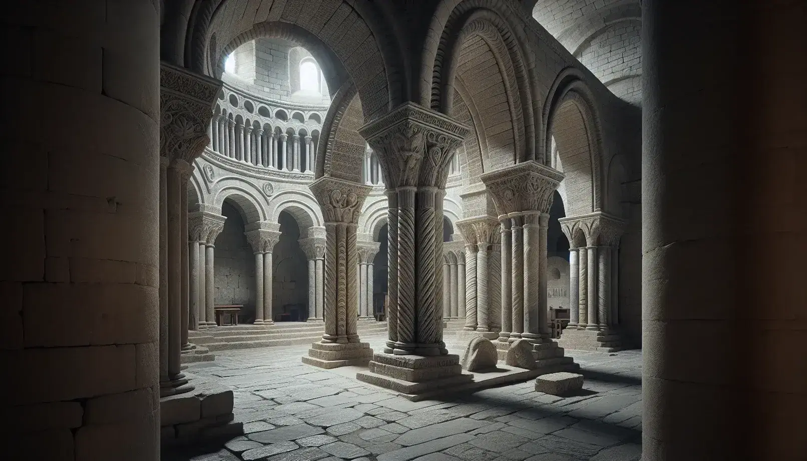 Interno di chiesa romanica con colonne in pietra, archi a tutto sesto, capitelli scolpiti e bassorilievo sull'altare.