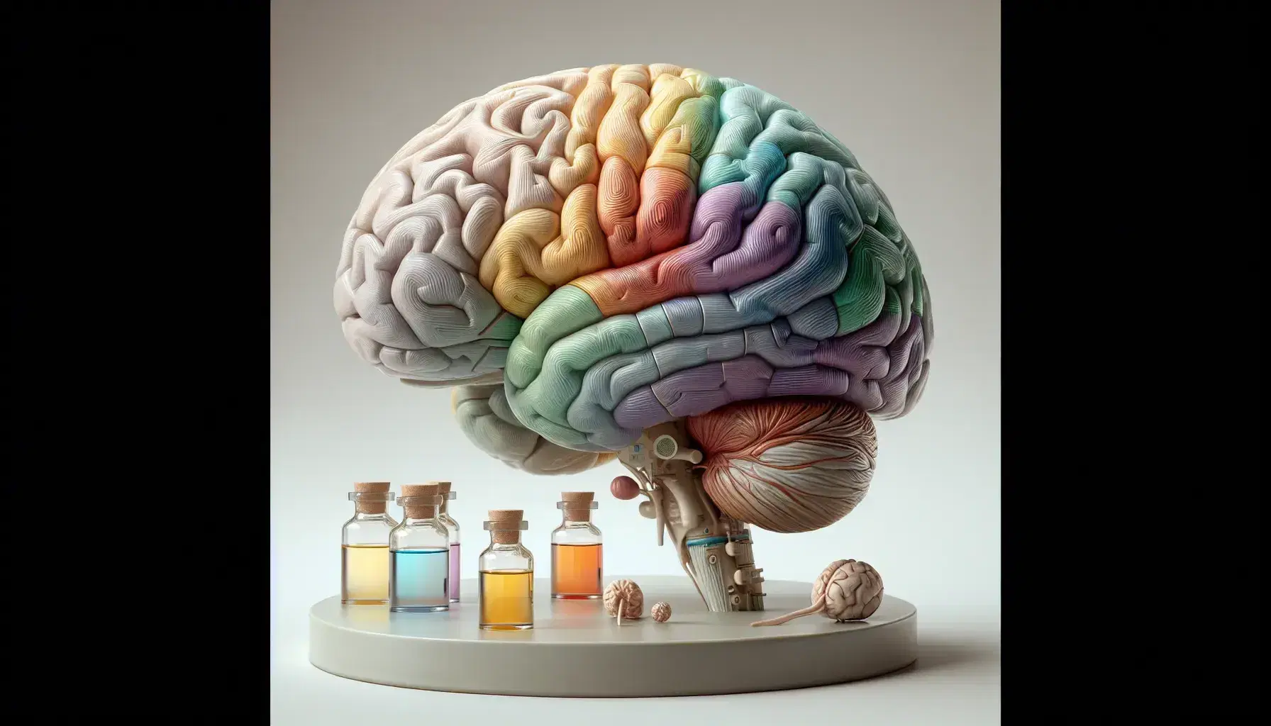 Anatomical model of the human brain with colored lobes and test tubes with dyed liquids representing neurotransmitters on a gray background.