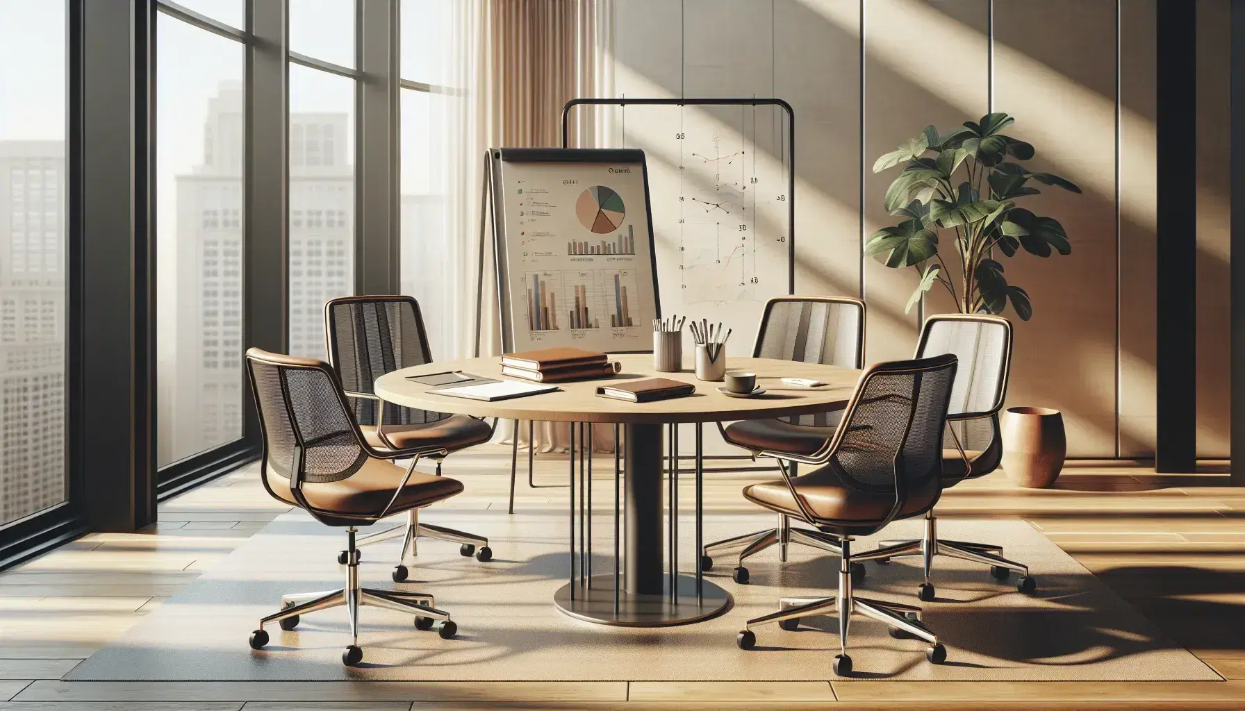 Oficina moderna iluminada con luz natural, mesa redonda con sillas ergonómicas, portafolio, bolígrafo, bloc de notas y gráficos impresos, pizarra blanca y planta de interior.