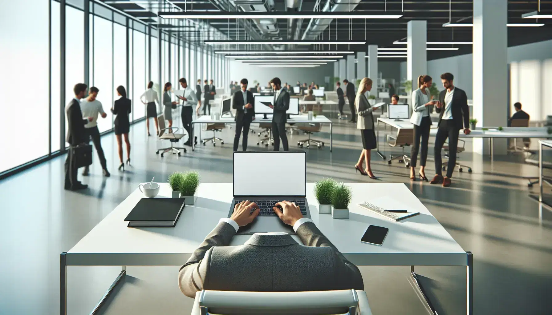 Modern Spanish fintech office with professionals working at white desks, using laptops, and engaging in discussions, illuminated by natural light.