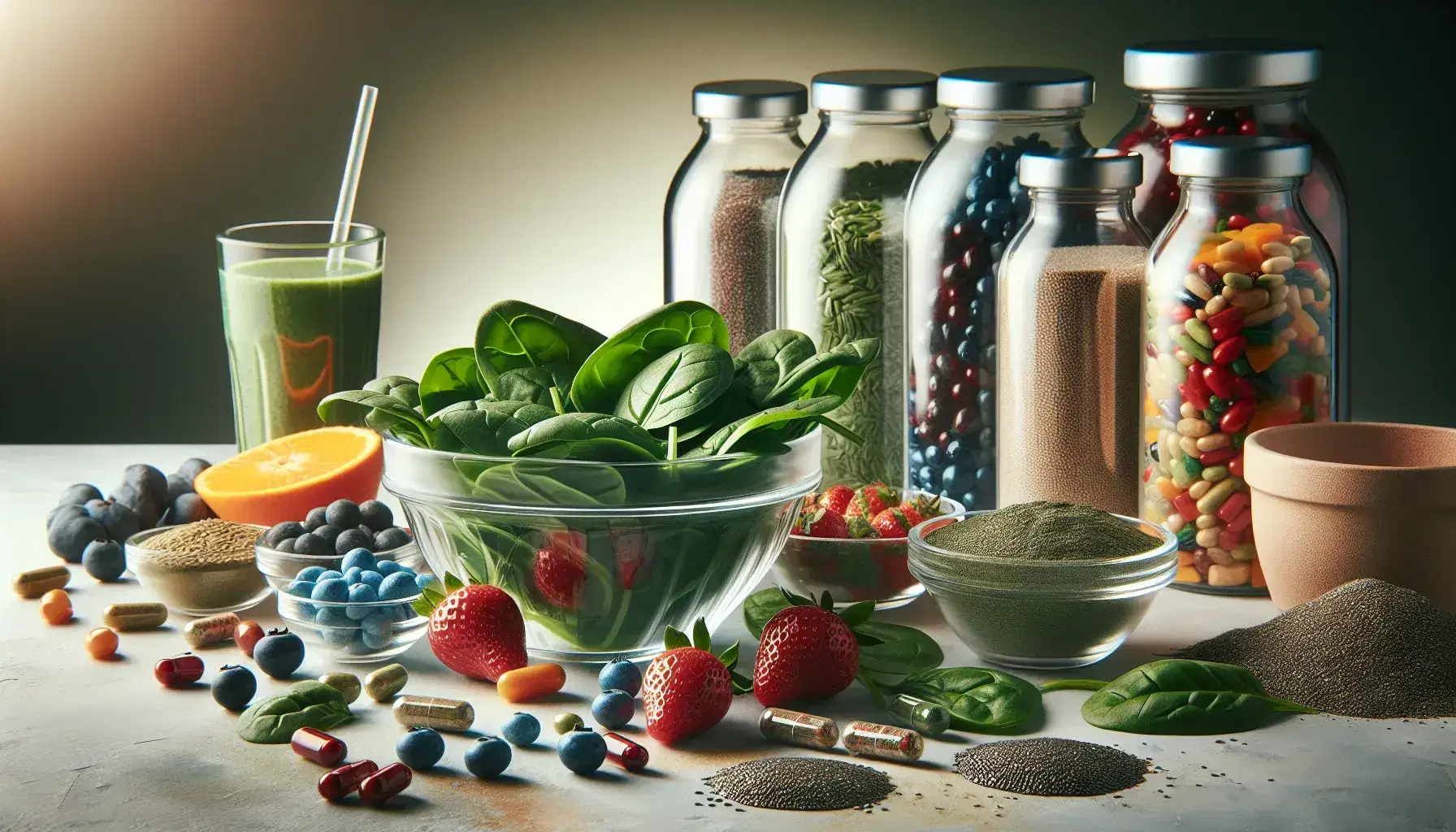 Composizione fotografica di cibo salutare con ciotola di frutta e verdura, integratori in capsule, smoothie verde, semi di chia, barretta di cereali e bacche di goji.