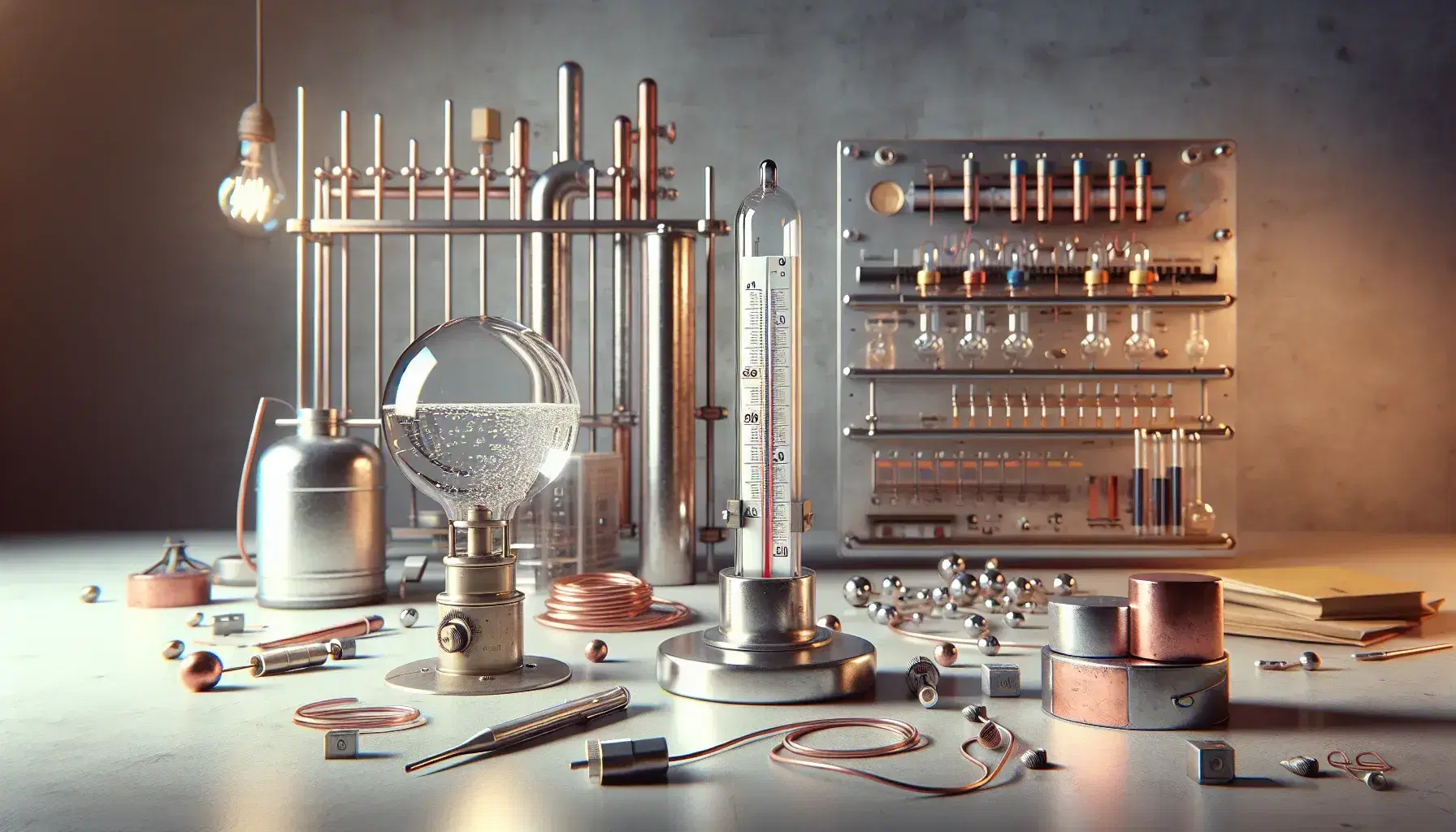 Laboratorio scientifico con termometro a mercurio, calorimetro metallico, circuito elettrico semplice e sfere metalliche in sfera di plastica.