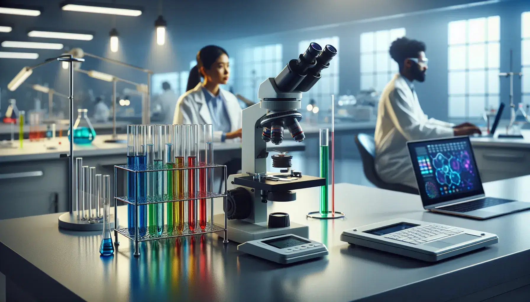 Laboratorio de investigación con tubos de ensayo de colores en estante, microscopio y balanza digital, y científicos trabajando al fondo.