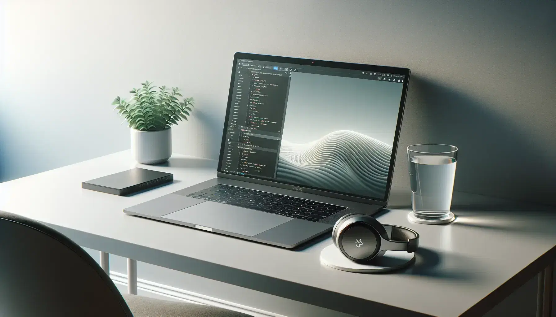 Modern workspace for programming with silver laptop, green plant, steaming coffee and black headphones on minimalist white desk.