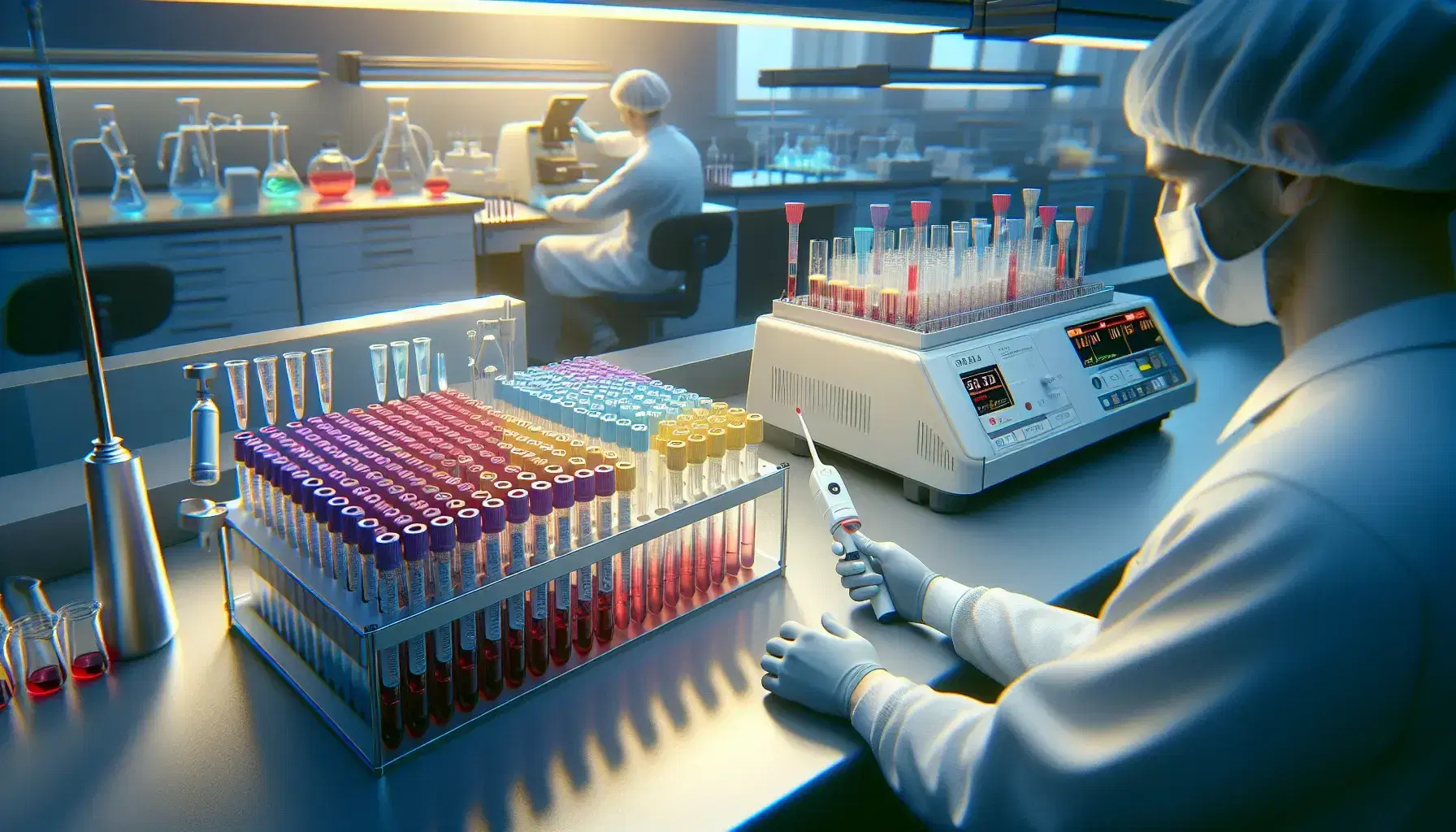 Laboratorio de investigación biomédica con tubos de ensayo de colores, pipeta y científico trabajando en equipo de análisis en segundo plano.