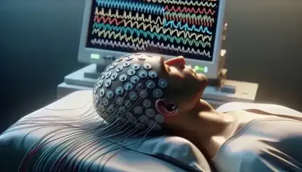 Patient lying on medical table with electrodes connected to scalp for EEG, healthcare professional observes machinery.