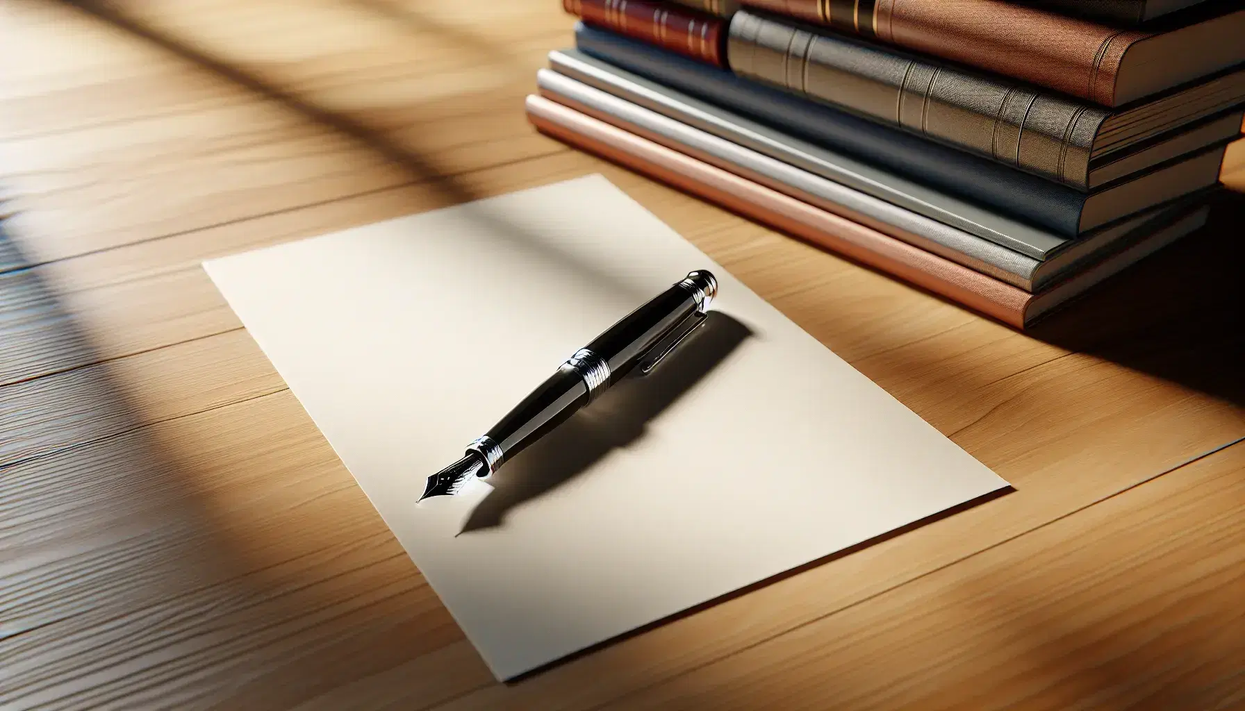 Pluma fuente negra con detalles plateados sobre papel blanco en escritorio de madera, con libros desenfocados al fondo.