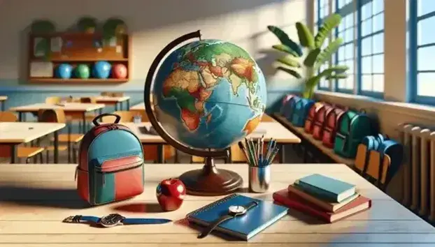 Globo terrestre su tavolo in aula con mela rossa, orologio, penna stilografica e quaderno, zaini colorati sullo sfondo e finestra aperta.