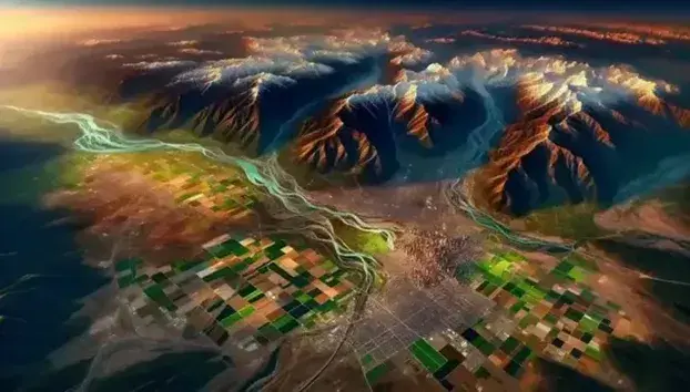 Vista aérea de una cadena montañosa con picos nevados, un valle fértil con campos agrícolas, una pequeña ciudad y un río serpenteante.