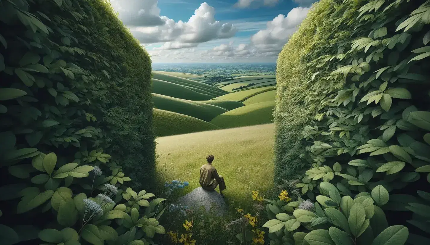 Paesaggio naturale con colline verdi, fiori selvatici, persona seduta su roccia e albero solitario sotto cielo nuvoloso.