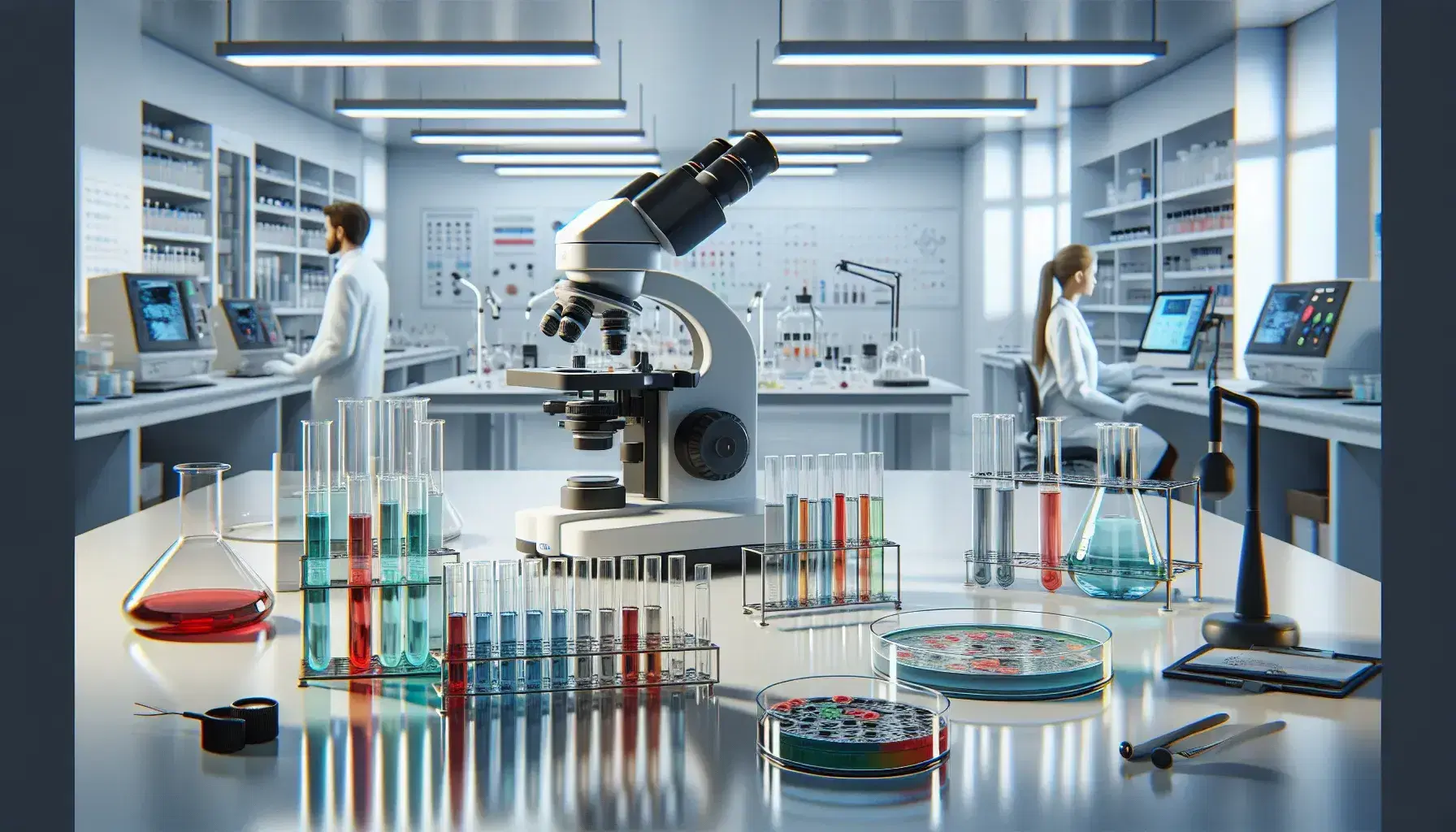 Laboratorio de investigación biomédica con tubos de ensayo de colores, microscopio moderno y científicos trabajando en análisis y registro de datos.