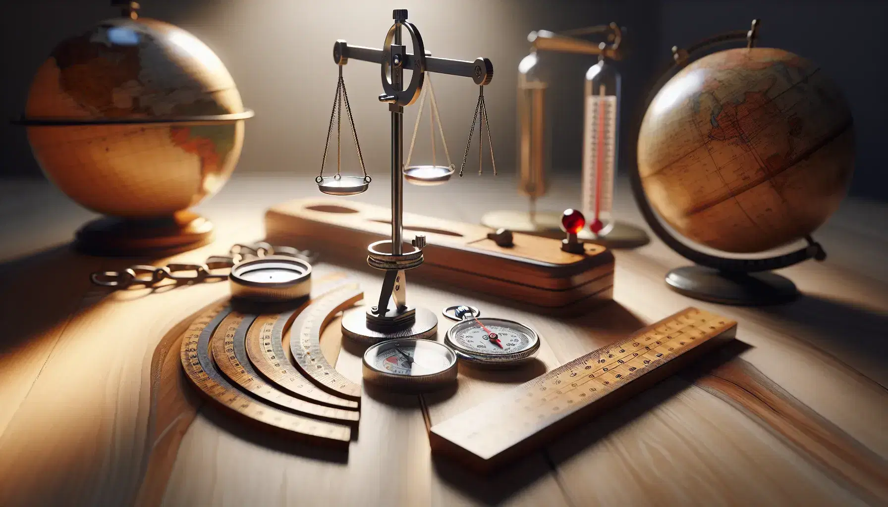 Colección de herramientas de medición sobre superficie de madera clara con compás metálico, regla de madera, cronómetro, termómetro y balanza de dos platos, junto a un globo terráqueo desenfocado.