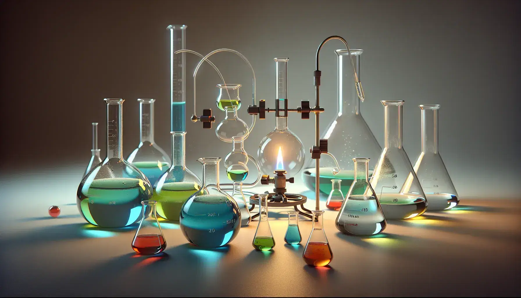 Matraces Erlenmeyer con líquidos de colores azul, verde, amarillo y rojo sobre superficie clara, con mechero Bunsen encendido y tubo de ensayo con sustancia naranja al fondo.