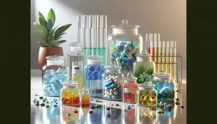 Frascos de vidrio con tapas de colores y pastillas variadas sobre superficie de mármol, junto a tubos de ensayo con líquidos coloridos y planta verde.