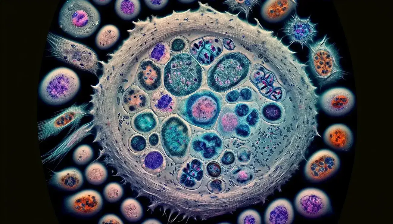 Célula en mitosis en fase de metafase con cromosomas alineados visibles bajo microscopio óptico, rodeada de células en distintas etapas del ciclo celular.