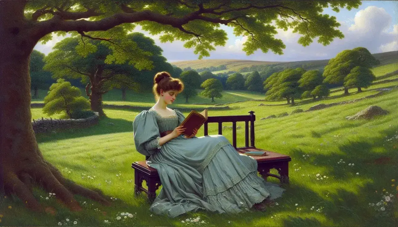 Giovane donna in abito d'epoca legge un libro su una panchina in legno, circondata da un prato fiorito e un paesaggio collinare.