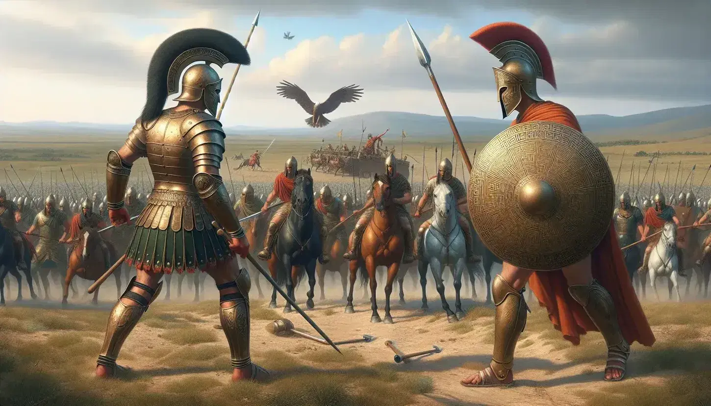 Due guerrieri in armatura si fronteggiano su un campo di battaglia stile Troia, con altri combattenti sullo sfondo e una donna pacifica a destra.