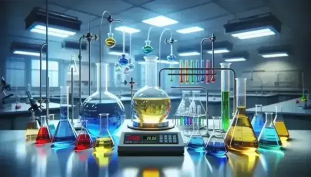 Laboratorio químico con matraces Erlenmeyer de líquidos coloridos, quemador Bunsen encendido, tubos de ensayo y balanza analítica.