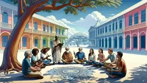 Diverse group of individuals in a semi-circle outdoors, under a tree, with a Black man in African attire, a woman in jeans, an elder with a notebook, a South Asian woman with a pen, and a Hispanic man gesturing, colonial buildings in the background.