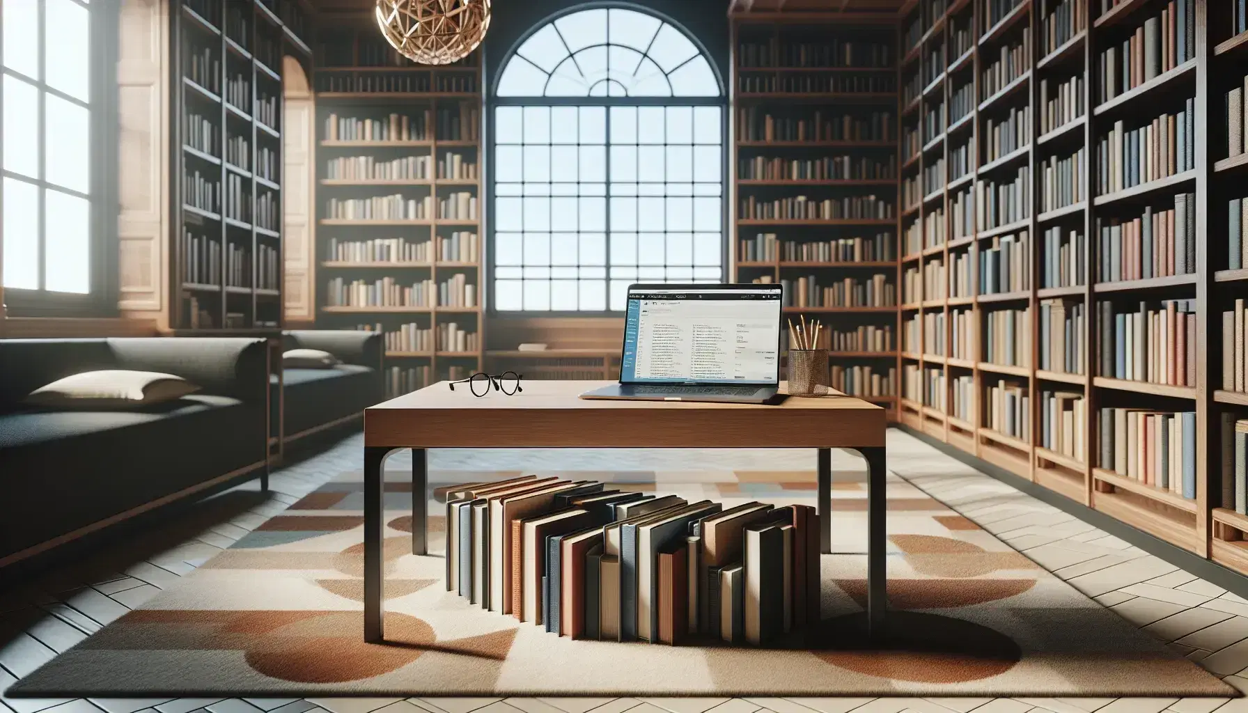 Biblioteca acogedora con estanterías de madera oscura llenas de libros, mesa con portátil abierto, montón de libros y gafas, luz natural de ventana grande.