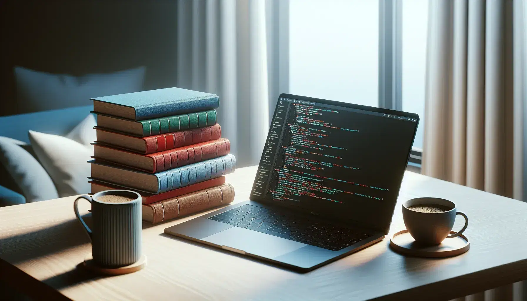 Pila de libros de colores sólidos junto a un portátil con código de programación en la pantalla y una taza de café sobre mesa de madera iluminada por luz natural.