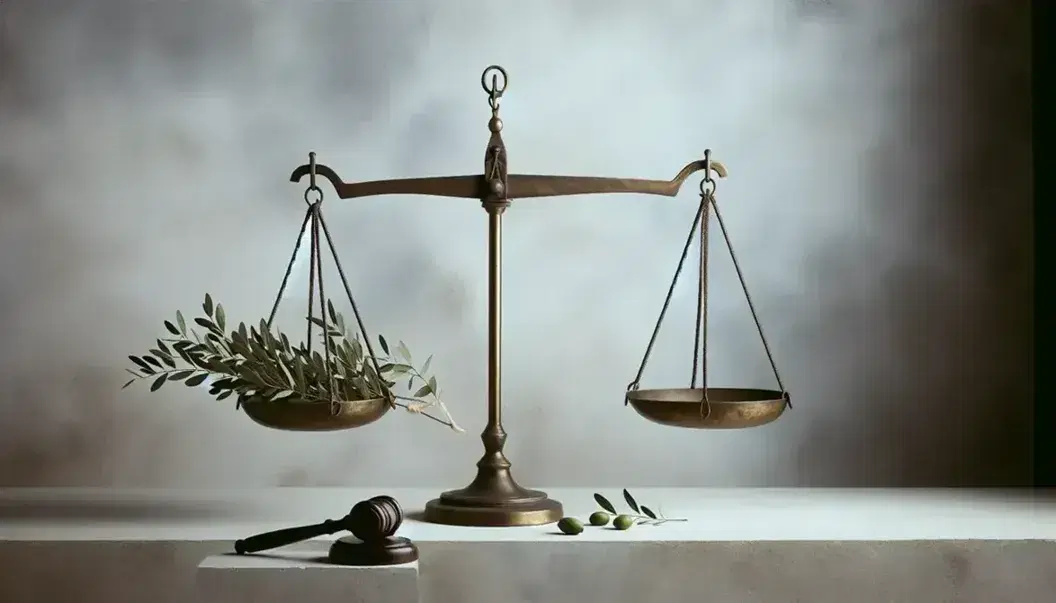 Bilancia antica in equilibrio con rami d'olivo a sinistra e martelletto da giudice a destra su sfondo sfumato grigio-bianco.