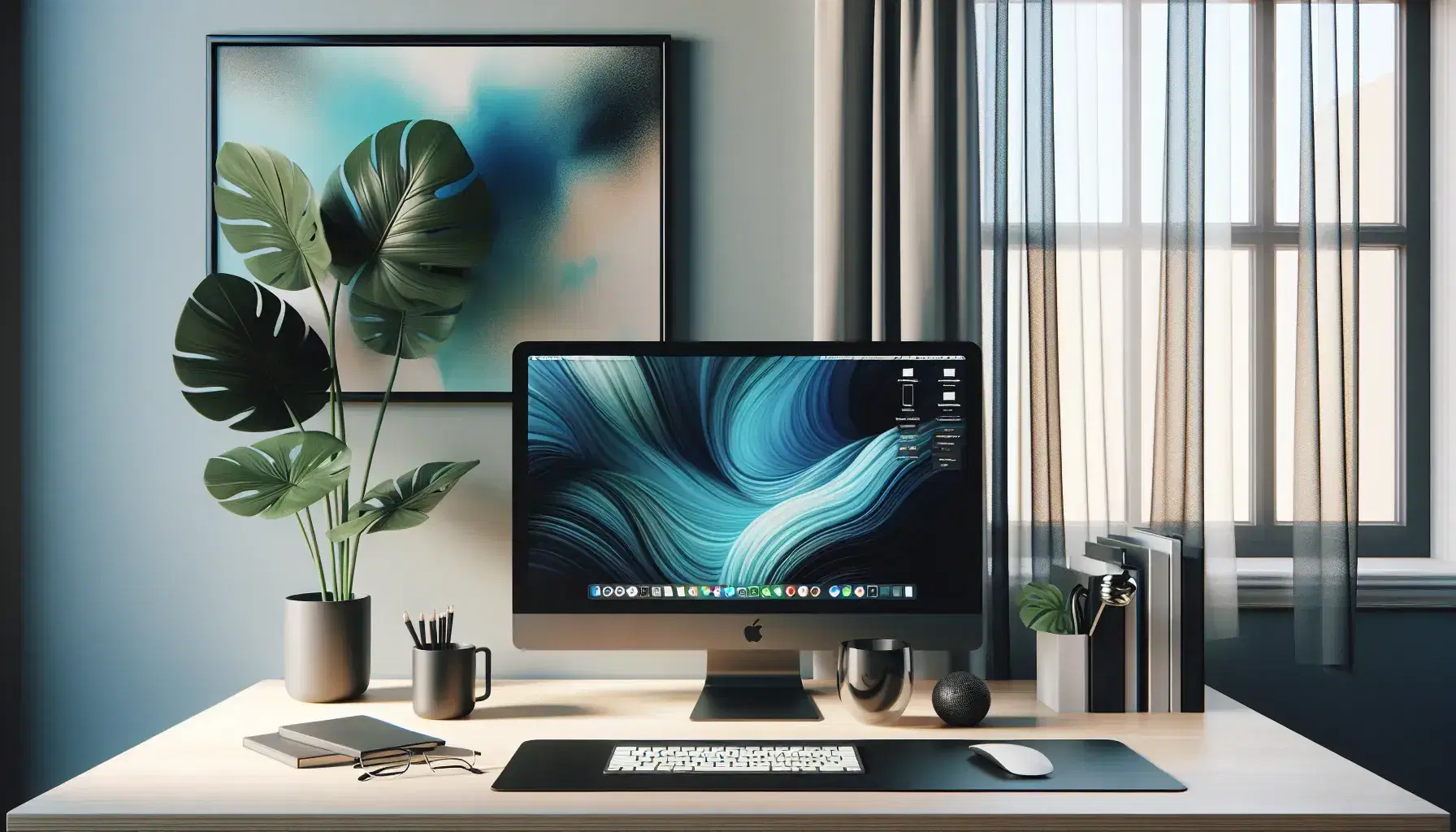 Modern office with black computer on light wooden desk, silver keyboard, wireless mouse, green plant and black glasses.
