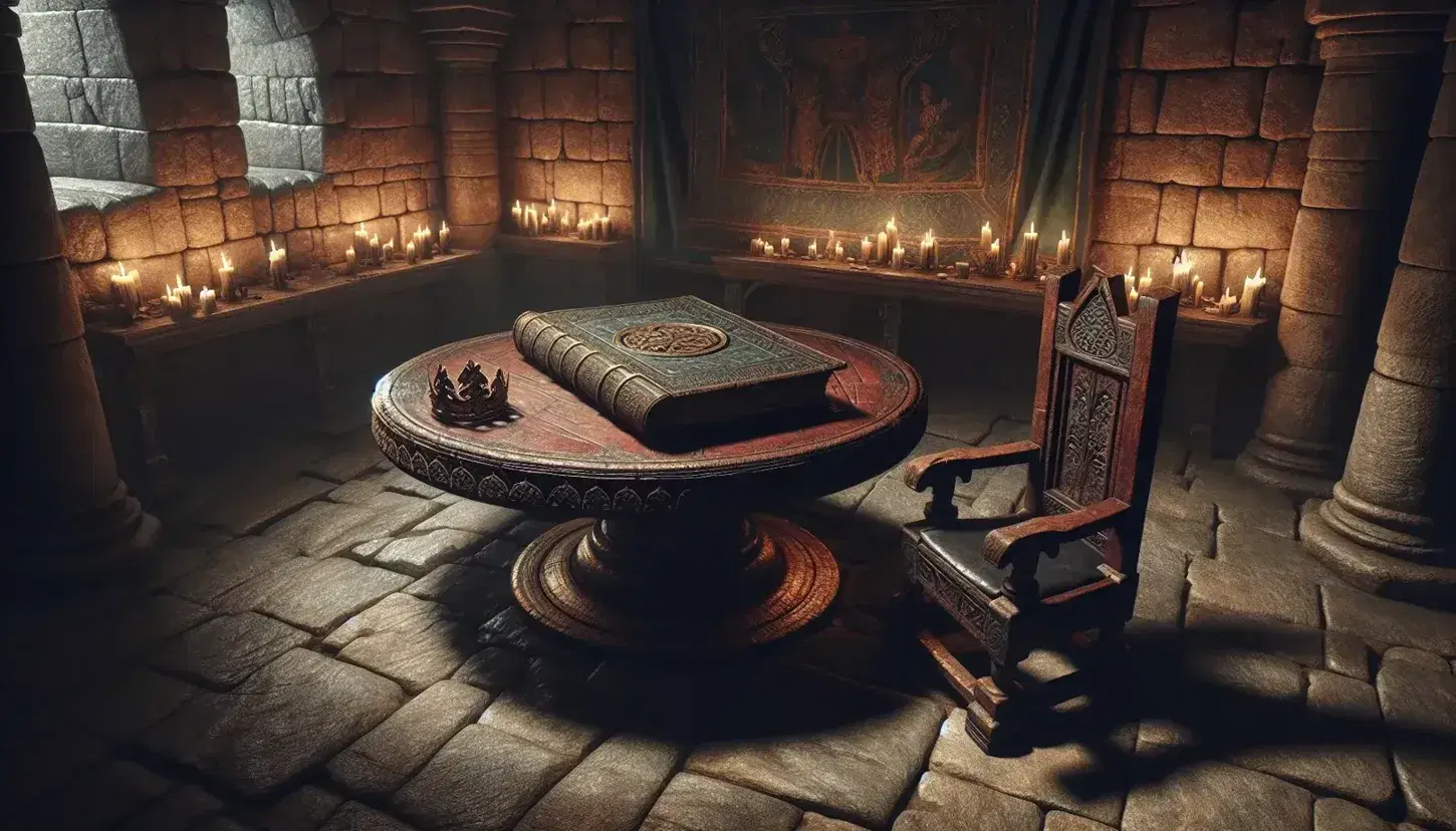 Medieval stone chamber with a round wooden table, an ancient book, a tarnished golden crown, and a single carved chair, illuminated by candlelight.