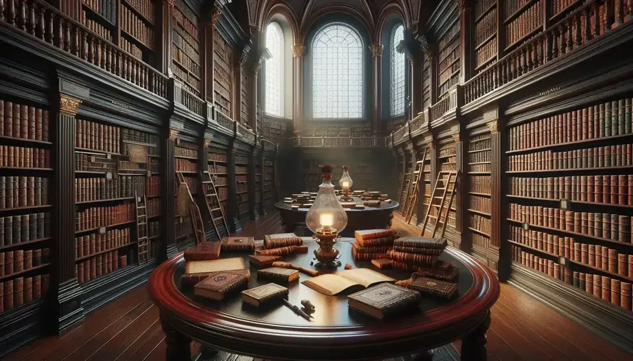 Biblioteca antica con scaffali in legno scuro pieni di libri rilegati, tavolo ovale centrale, lampada a olio e finestra ad arco.