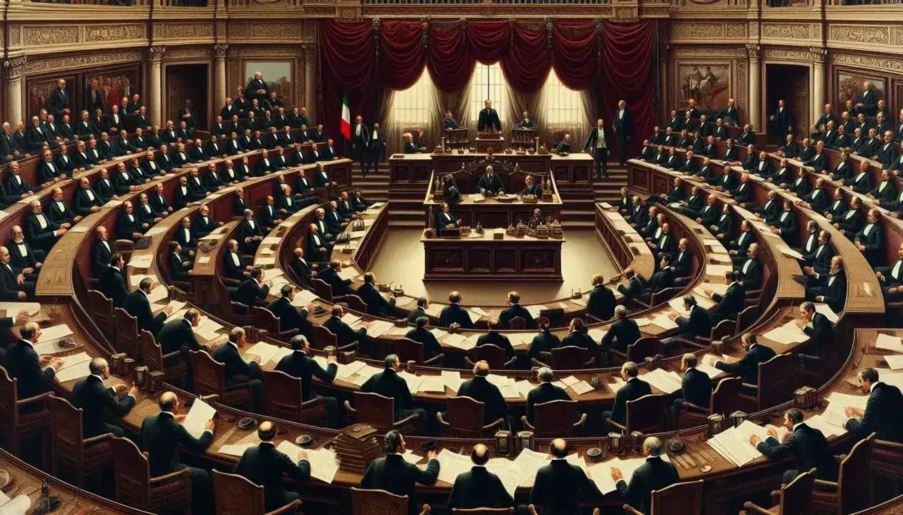 Camera parlamentare italiana d'epoca con deputati in abiti formali, banchi in legno e presidente sotto drappo rosso.