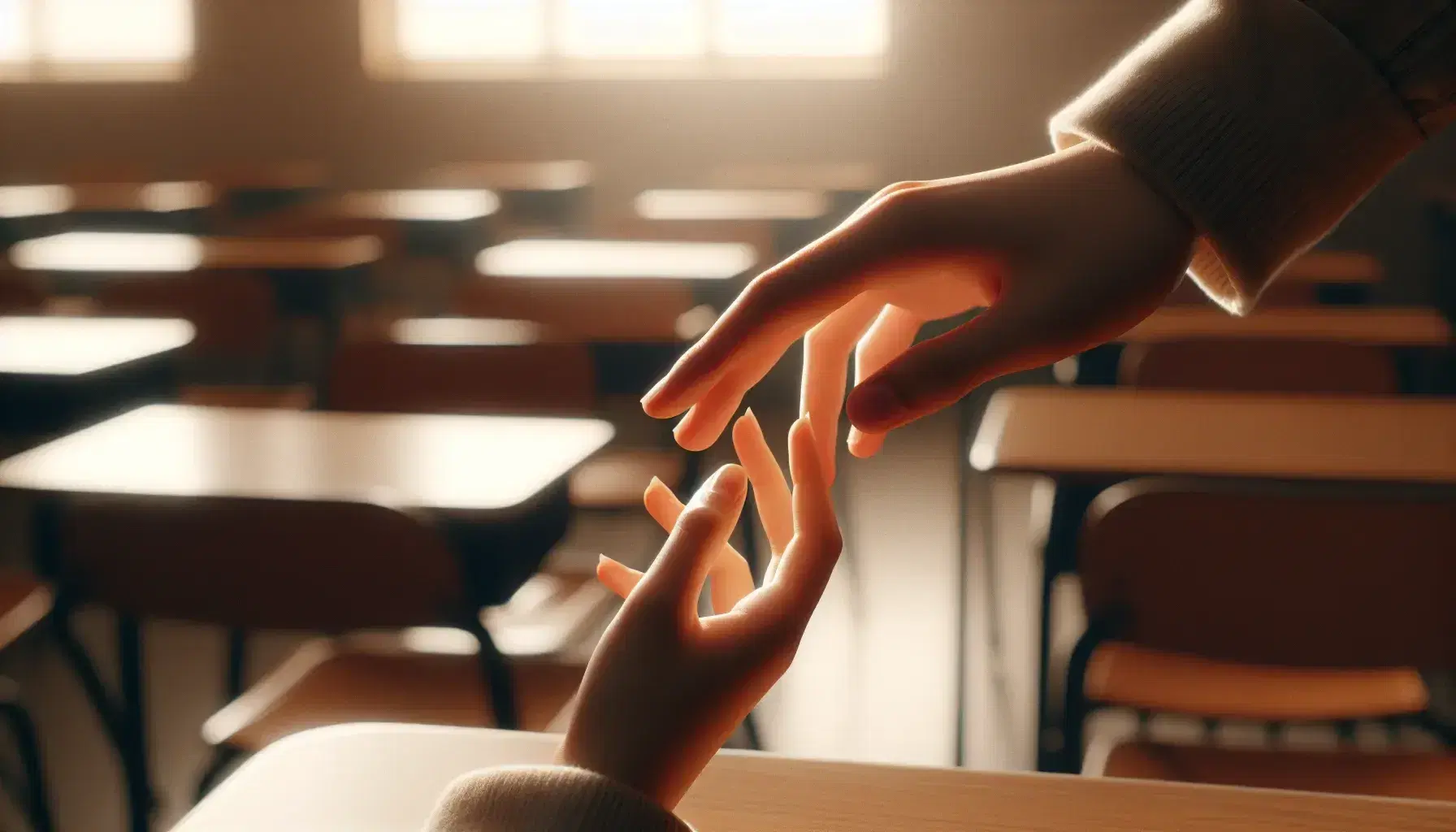 Two diverse hands gently touching fingertips in a softly lit classroom, symbolizing connection amidst blurred educational background.