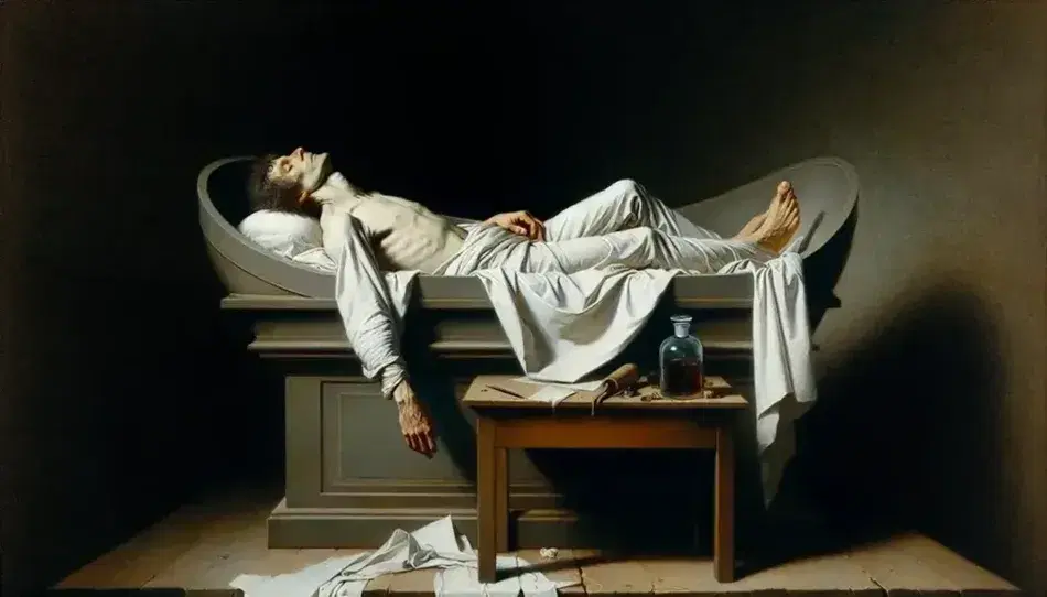 Riproduzione del dipinto 'La morte di Marat' di Jacques-Louis David con Marat pallido e sereno nella vasca, circondato da oggetti su un tavolo.