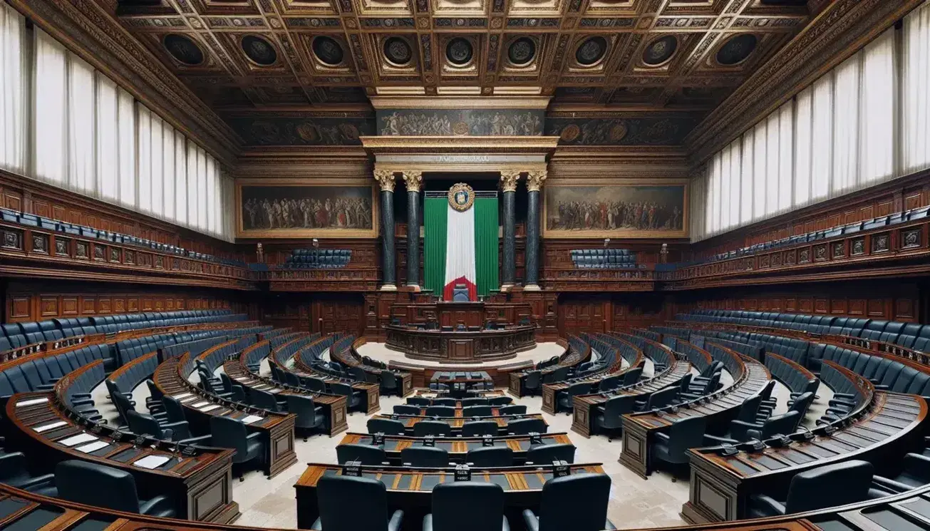 Aula vuota del parlamento italiano con banchi semicircolari in legno, sedie blu, tribune e bandiera tricolore sullo sfondo.