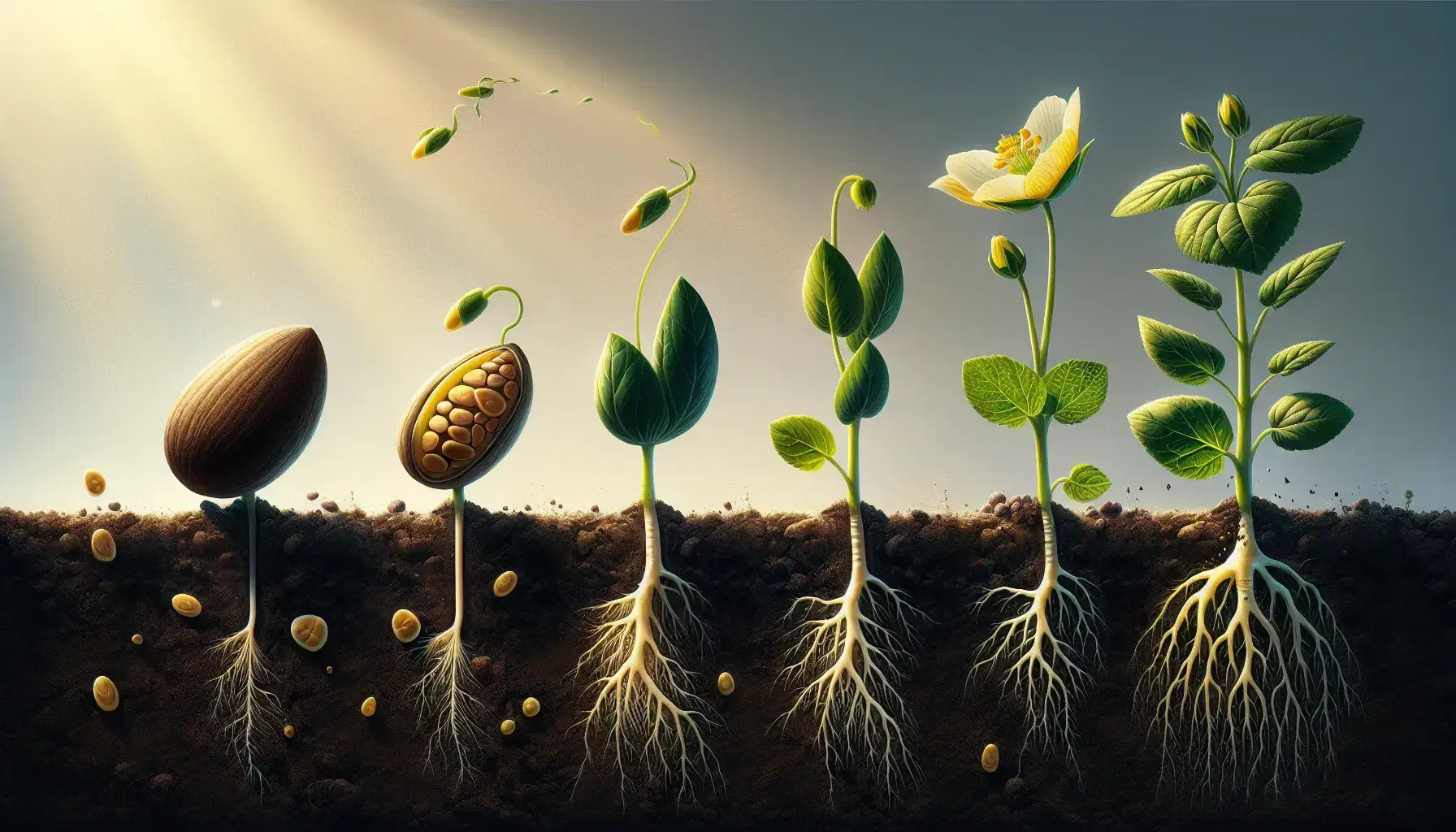 Ciclo di crescita di una pianta, da seme marrone a fiore giallo, con radici e germoglio su suolo fertile, sotto cielo sereno.