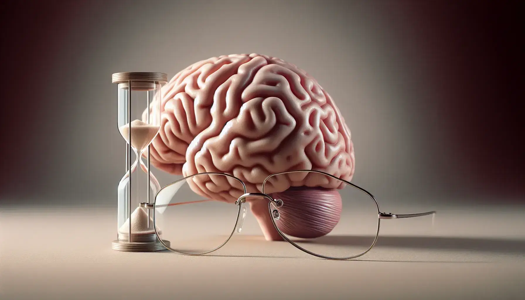 Detailed model of the human brain with transparent glasses and hourglass, on a neutral background highlighting the brain structures.