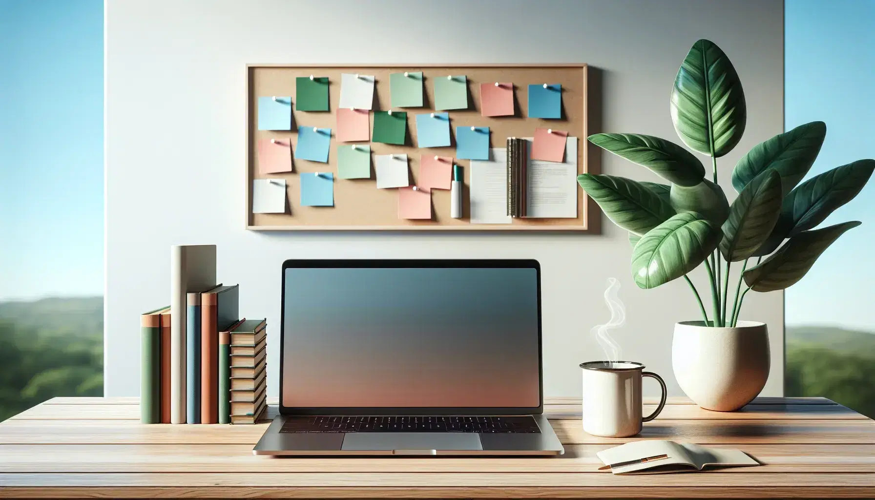 Tidy office with wooden desk, closed laptop, green plant, cup of coffee, colorful books and notice board with pastel notes.