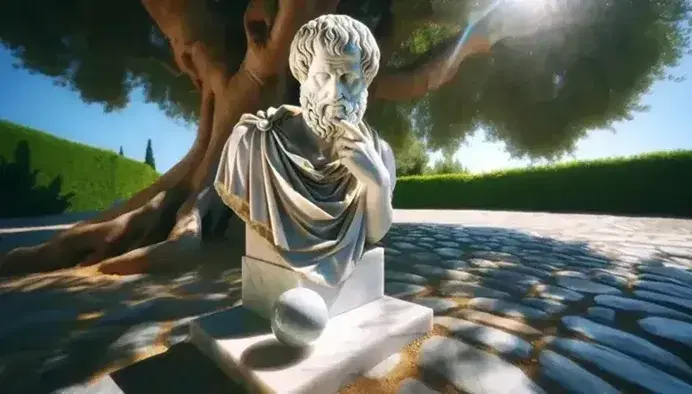 Estatua de mármol blanco de Aristóteles sosteniendo una esfera, con un árbol frondoso y cielo azul de fondo, sobre suelo adoquinado.