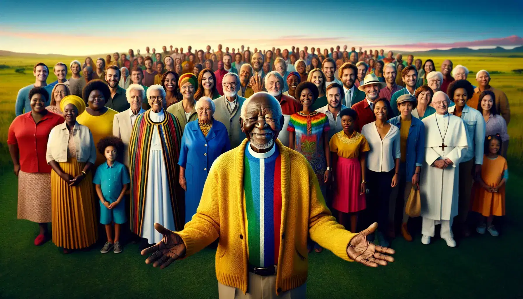 Diverse South African group in a unity circle, with a smiling elder in colorful attire, a cleric, and others in traditional and modern clothes against a scenic backdrop.
