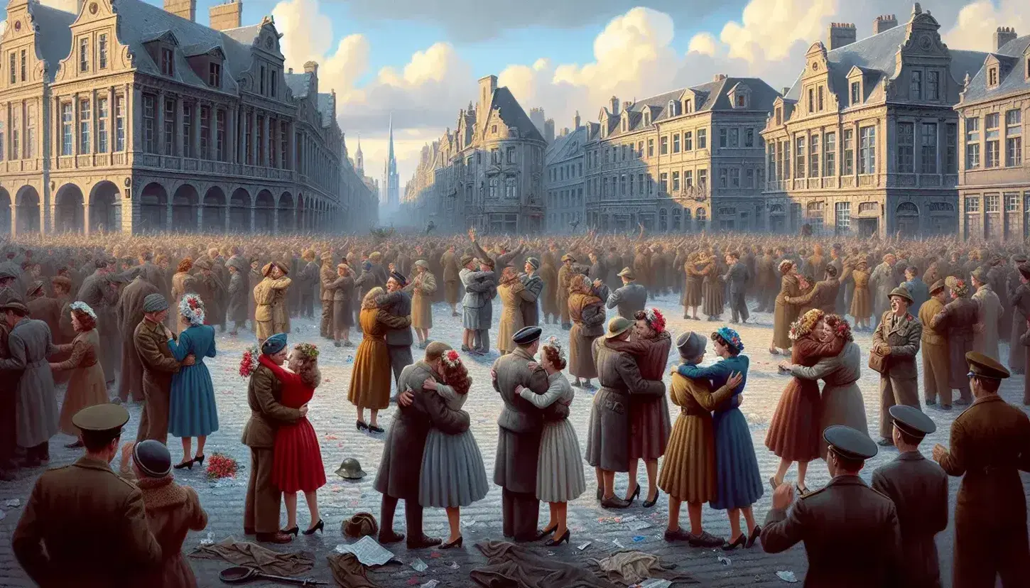 Festeggiamenti in piazza europea per la fine della Seconda Guerra Mondiale, persone in abiti d'epoca danzano tra edifici danneggiati e coriandoli.