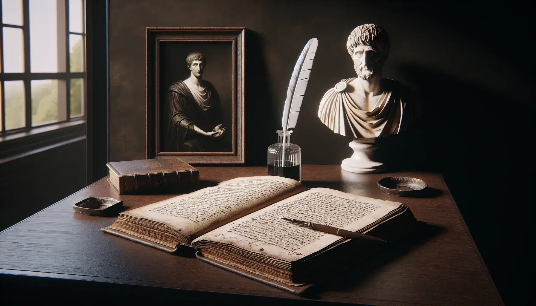 Scrivania in legno scuro con libro antico aperto, penna d'oca e calamaio, statuetta marmorea e ritratto in bianco e nero di figura storica.