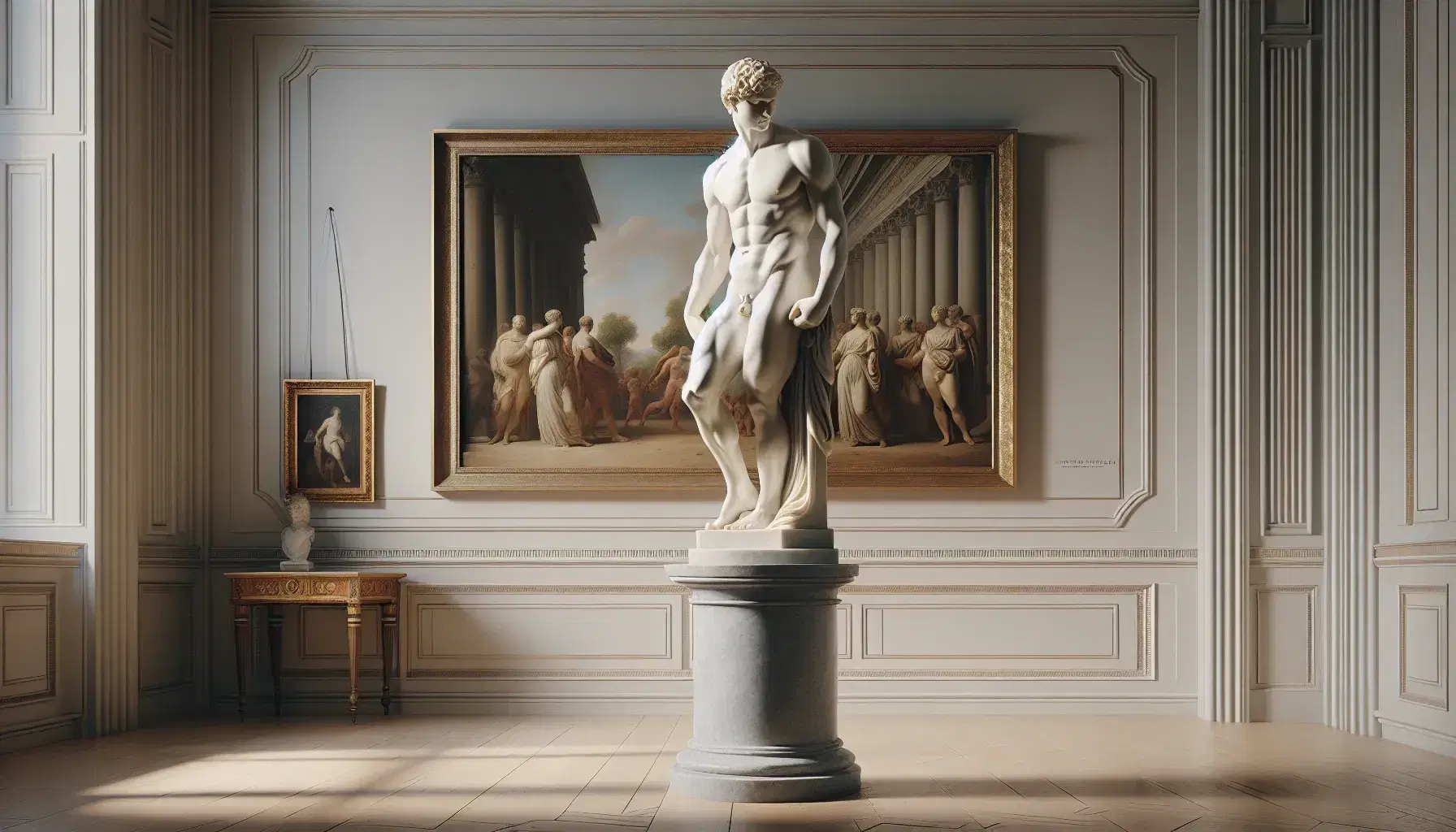 Scultura neoclassica in marmo di figura maschile atletica su piedistallo, in stanza illuminata con dipinti storici sullo sfondo.