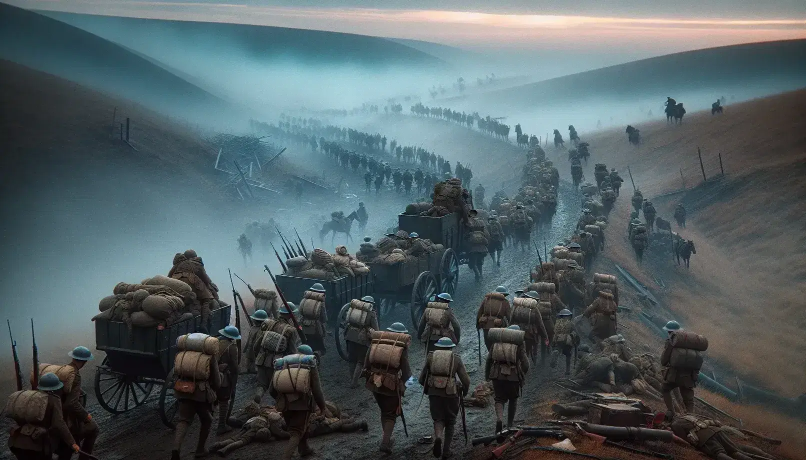 Soldati stanchi in ritirata su strada sterrata tra colline nebbiose al tramonto, con carretto militare rovesciato e alberi danneggiati.