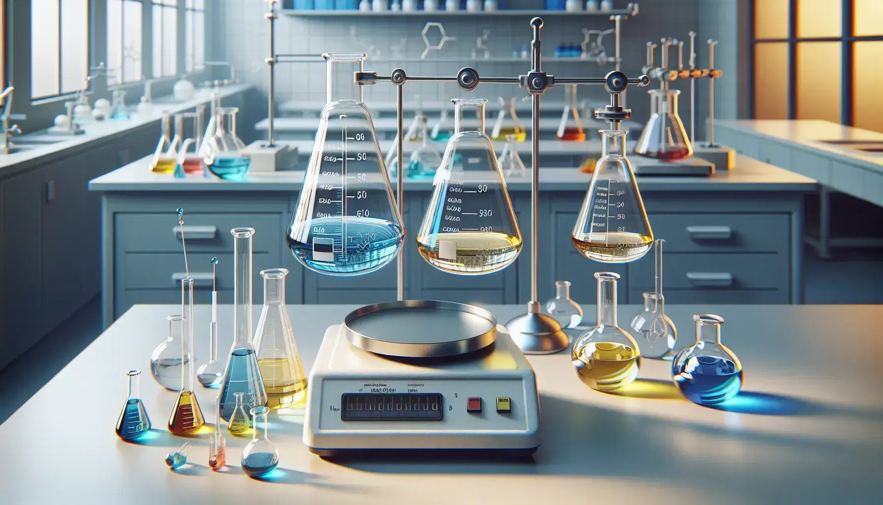 Laboratorio de química con mesa equipada con matraces Erlenmeyer de líquidos coloridos, embudo de separación con líquidos inmiscibles, balanza analítica y mechero Bunsen.
