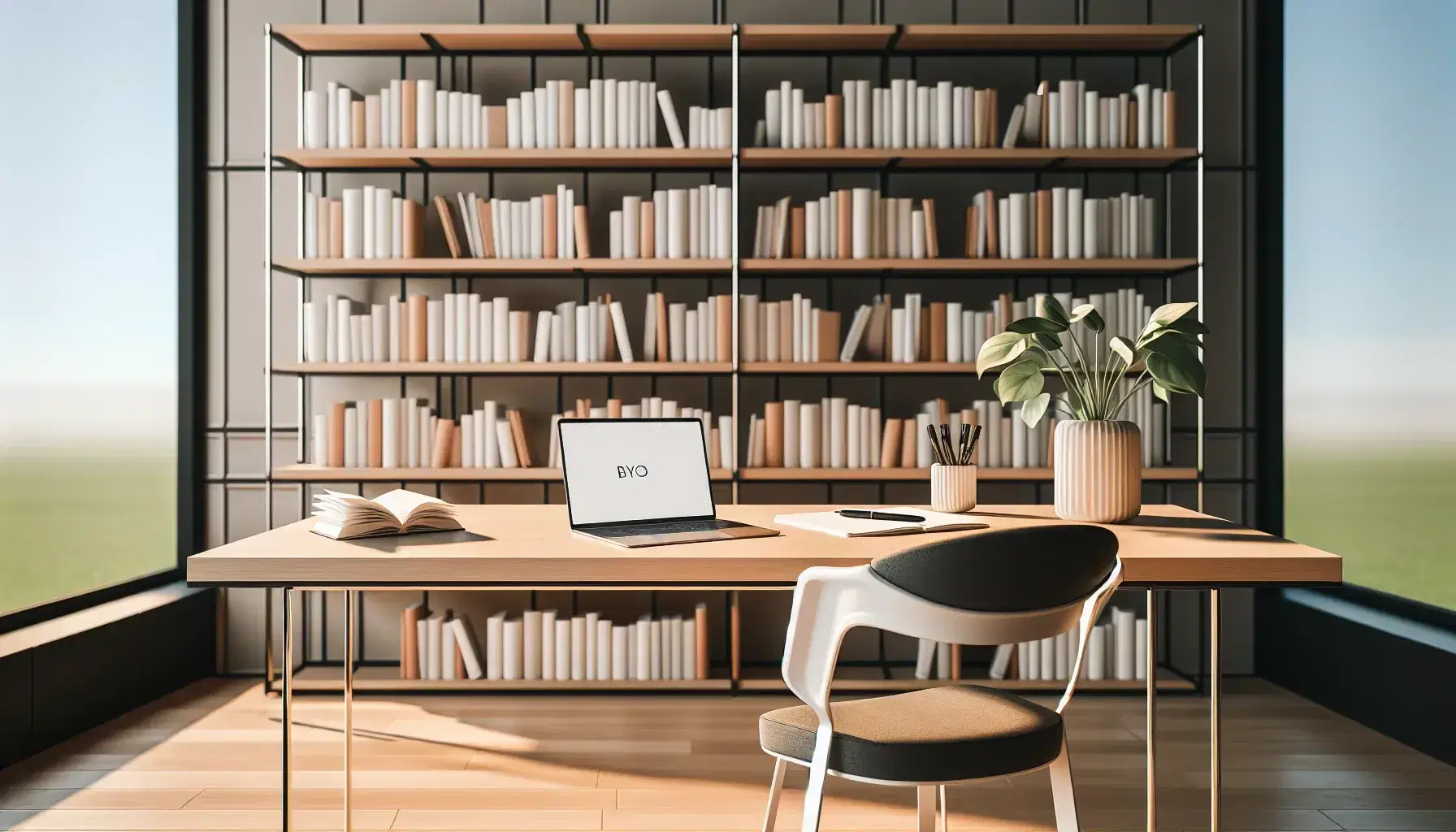 Biblioteca moderna y luminosa con estanterías de madera llenas de libros, mesa de estudio con laptop y cuaderno en blanco, silla ergonómica y planta verde.