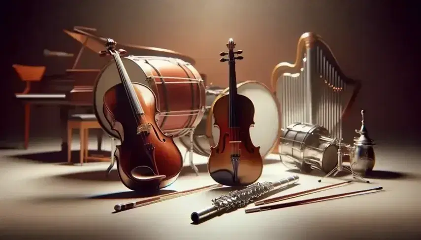 Strumenti musicali assortiti con violino al centro, flauto argenteo a sinistra, tamburo con bacchette incrociate a destra e piano a coda sfocato sullo sfondo.