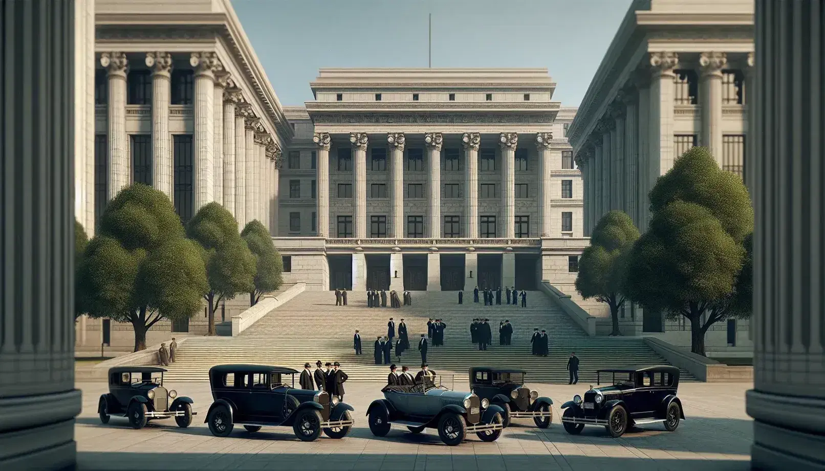 Neoclassical government building with towering columns, marble facade, and 1920s cars parked by a tree-lined street, with men in period attire conversing on the steps.