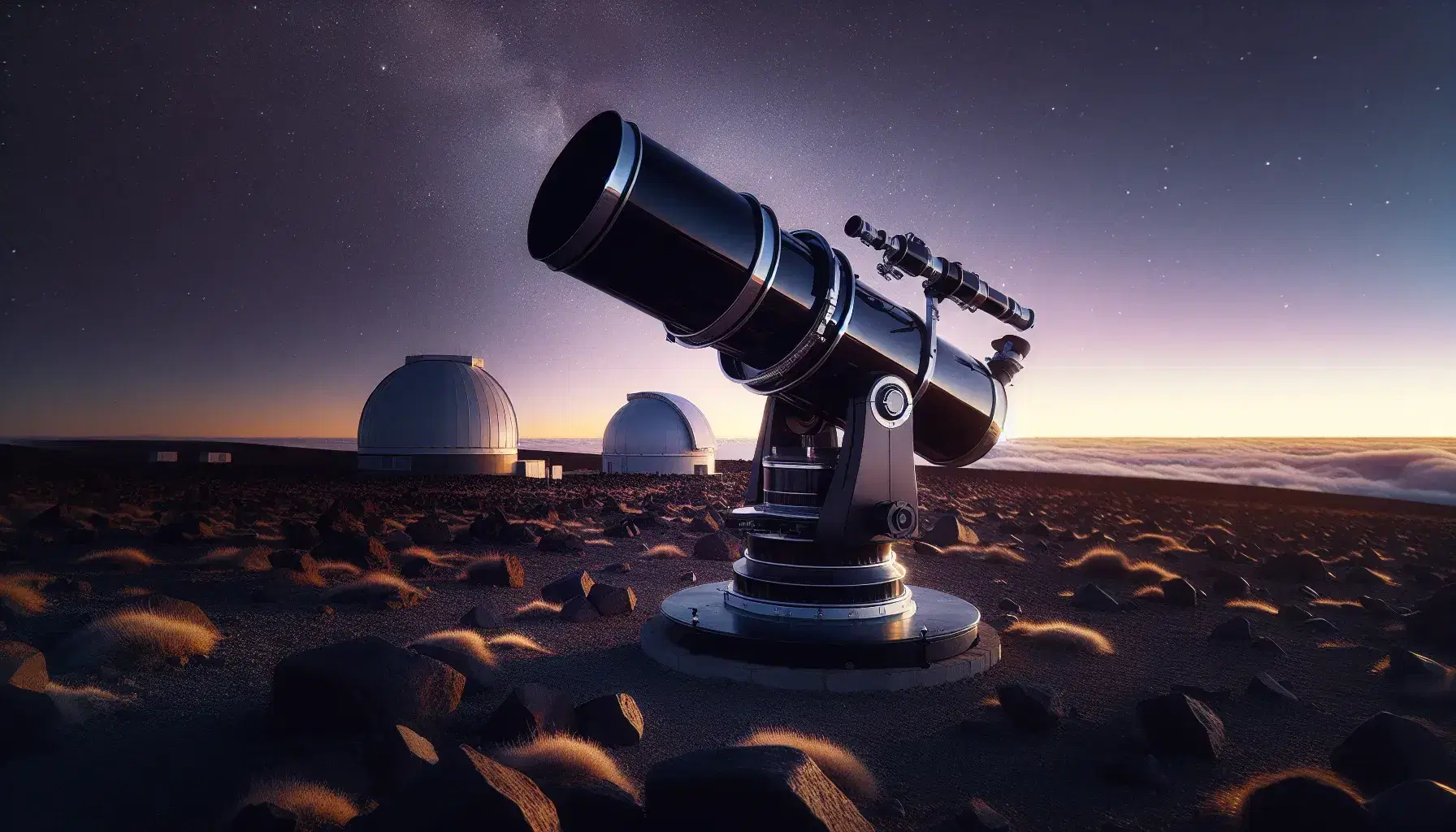 Telescopio astronomico nero tipo rifrattore su terreno roccioso al crepuscolo, con cupola di osservatorio sfocata sullo sfondo e cielo stellato.