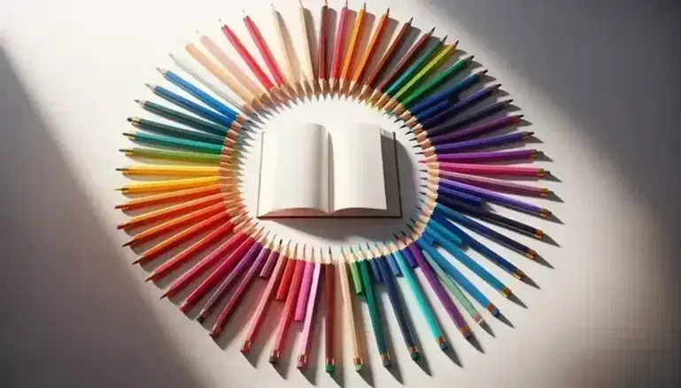 Matite colorate disposte a cerchio con punte verso un libro aperto al centro su sfondo bianco, evocando un arcobaleno.